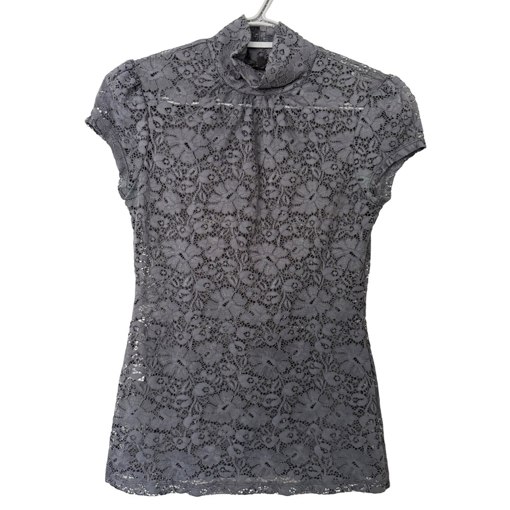 Express Y2k 2008 Gray Floral Lace Mock Neck Cap Sleeve Top Size XS Whimsigoth